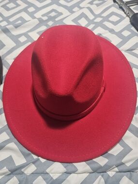 Wide Brim Felt Fedora Hat - Red